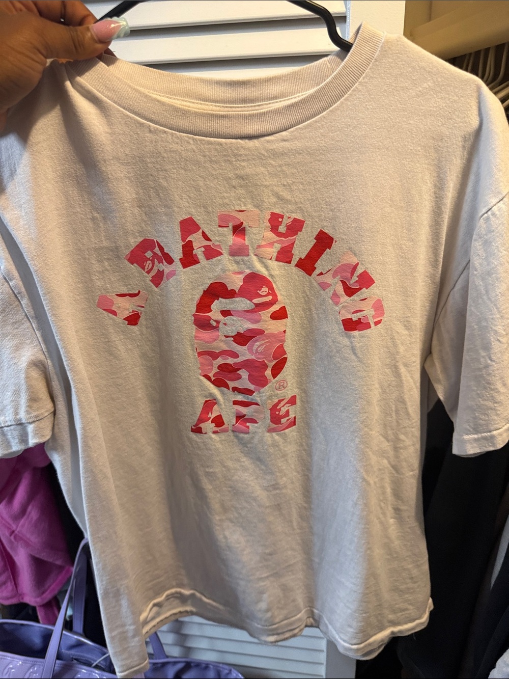 Bape Cream Tee with Pink Camo Logo